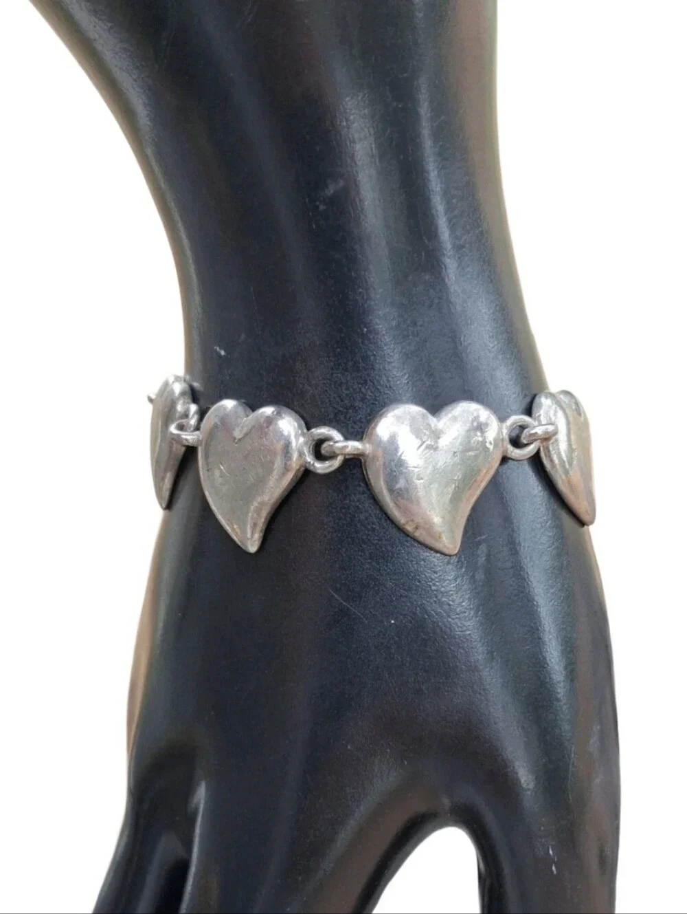 Vintage Silver Tone Heart Link Bracelet Adjustable Cuffed Hearts